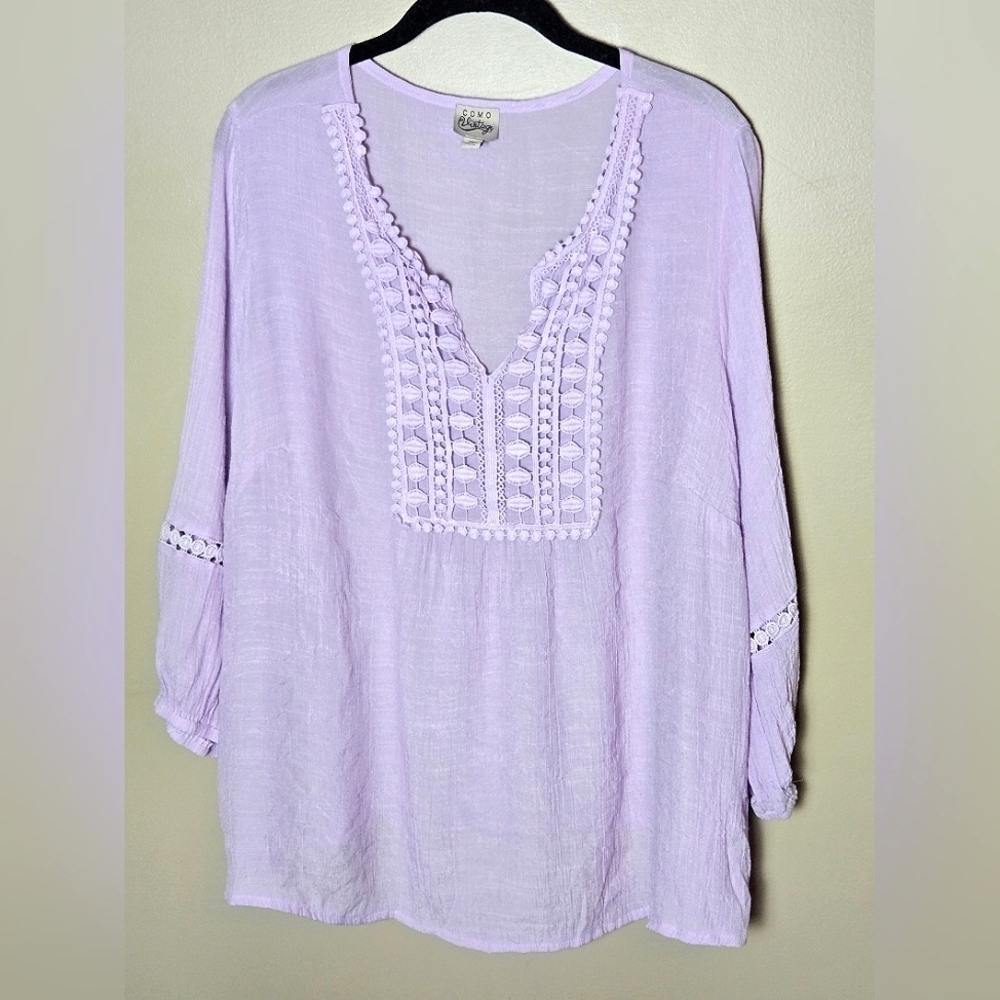 Como Vintage Boho Crochet‎ Peasant Cottagecore Lilac Tunic, 2X